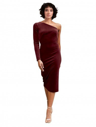 One Shoulder Fitted Short Midi Length Velvet Cocktail Dress UK