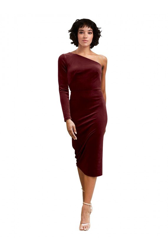 One Shoulder Fitted Short Midi Length Velvet Cocktail Dress UK