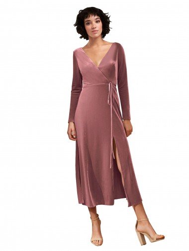 Long Sleeve Velvet Faux Wrap Midi Length Cocktail Dress UK