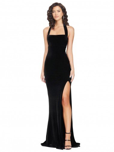 Halter Neck Wide Straps Long Velvet Cocktail Dress with Side Split UK